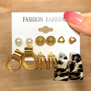 Vintage Black Pearl Metal Earring Set (6 Pairs)